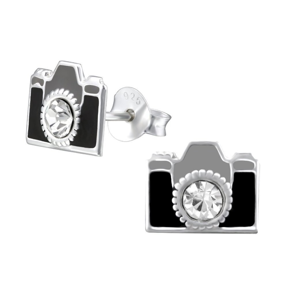 Sterling Silver Black Enamel Camera Stud Earrings